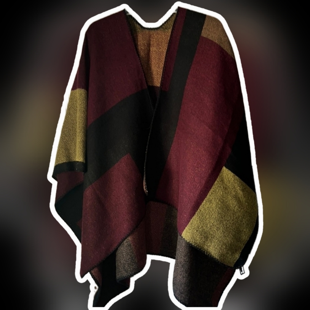 Chic Colorblock Poncho Cape - Burgundy, Black, Olive